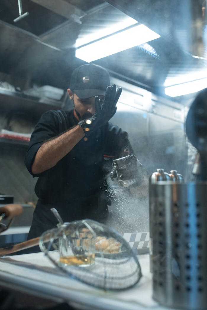 Chef expertly sprinkles flour onto a dish in a modern kitchen, highlighting culinary skill and precision.